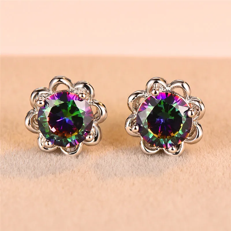 

Boho Female Luxury Crystal Flower Stud Earrings Vintage 925 Sterling Silver Wedding Jewelry White Rainbow Earrings For Women