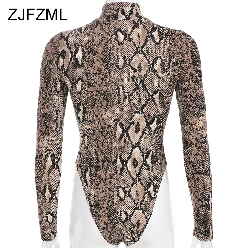 ZJFZML Turtleneck Long Sleeve Snake Skin Print Sexy Women Bodysuits Autumn Causal Skinny Romper Femme Club Hollow Out Overalls