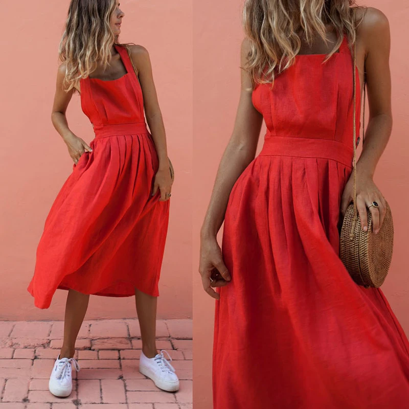 

Sexy Criss Cross Bow Red A-Line Dress Streetwear Bandage Lace Up Women Dresses Vintage Backless Spaghetti Strap Party Vestidos
