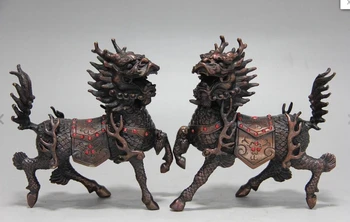 

Chinese Royal Red Copper Bronze Feng Shui Evil Guard Door Kylin Kilin Kirin Pair