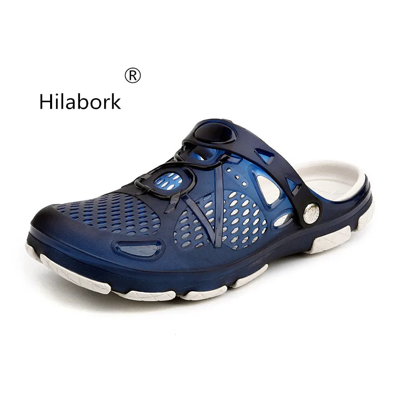 

Hilabork Summer men's half drag sandals 2019 jelly round head slippers casual breathable non-slipleather men beach hole shoes