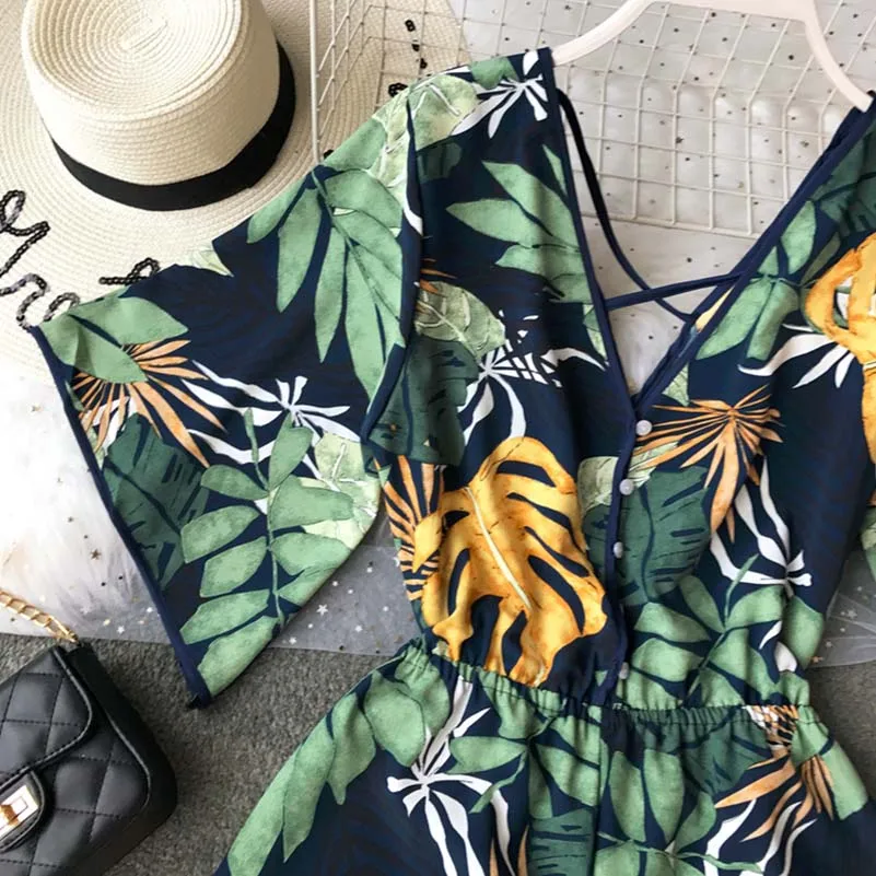 Boho короткий женский комбинезон пляжное V образным вырезом с низким на спине в