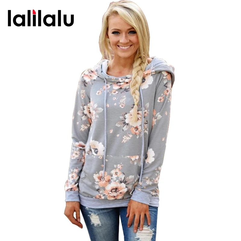 2018 otoño mujer sudaderas con capucha de larga Sudadera Mujer con estampado Floral gris señoras Pullover Kwaii camisetas femeninas| | - AliExpress