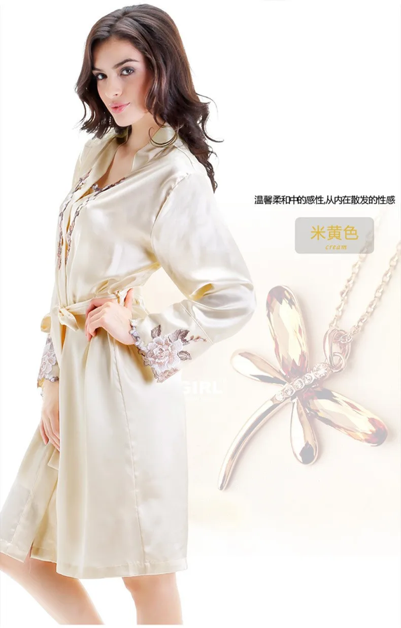 Women's Satin Robe Sets Long Sleeve Silk Bath Robes & Slip Dress Beautiful Embroidery Dressing Gown Home Clothes Women Sleepwear S-3XL