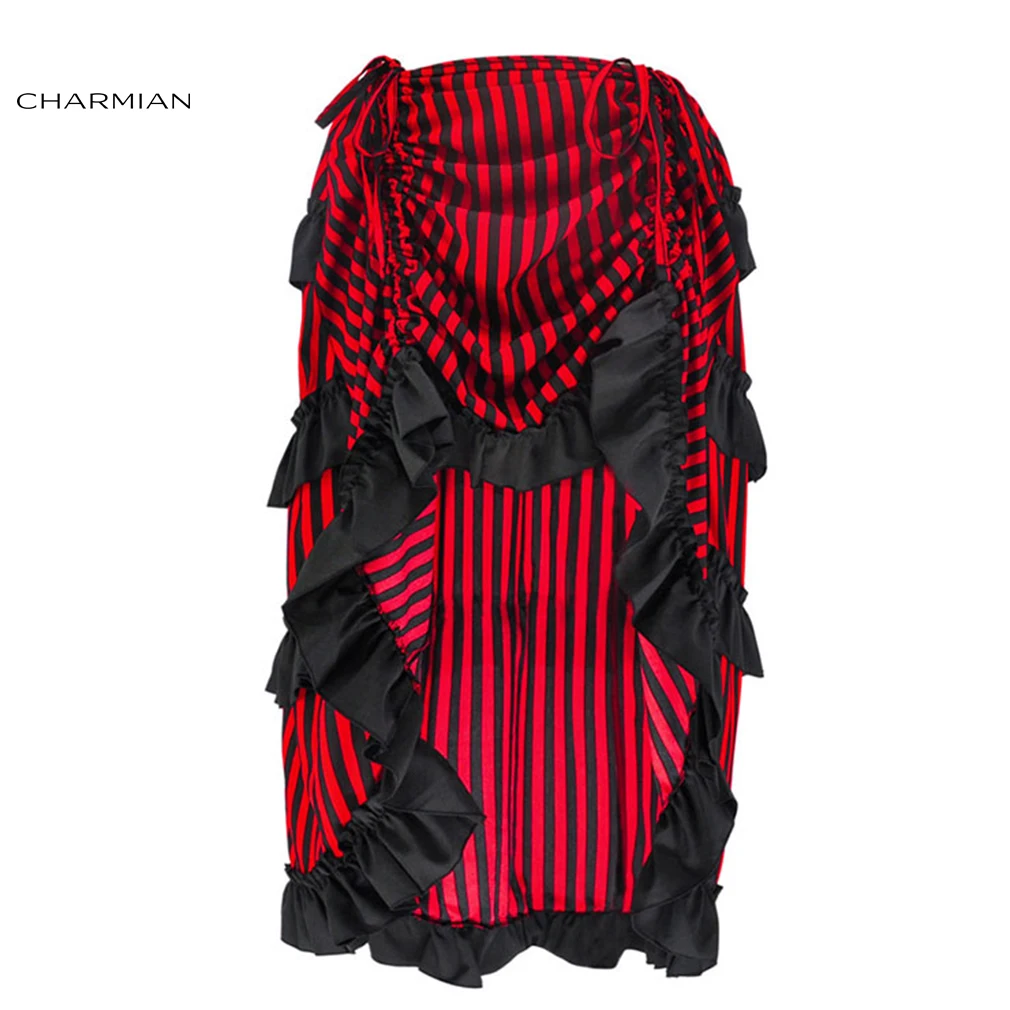 Charmian Женская юбка размера плюс в викторианском стиле стимпанк Готическая черно-белая в полоску Асимметричная юбка с оборками
