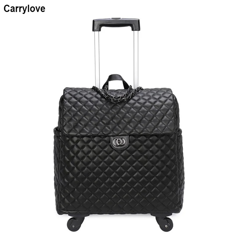 black PU leather CARRYLOVE 1" дюймов женская сумка на колесах багажные крутящееся женские ручной клади дорожная сумка на колесах - Цвет: black PU leather