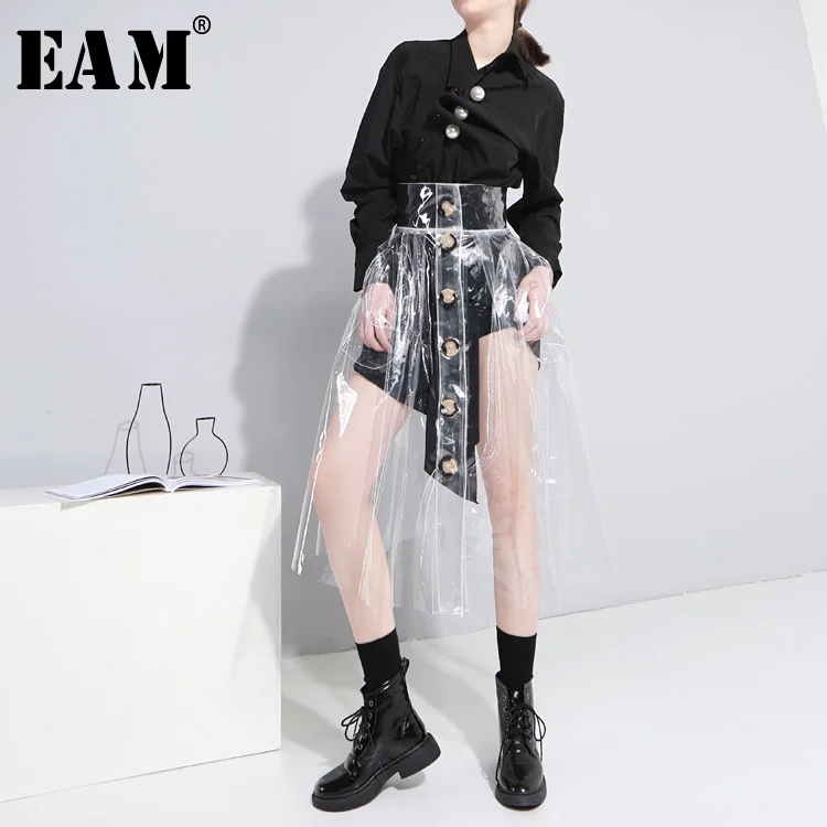 

[EAM] 2019 Spring New Fashion Personality High Waist Button Transparent Asymmetrical Skirt Double Pockets Women YC41700