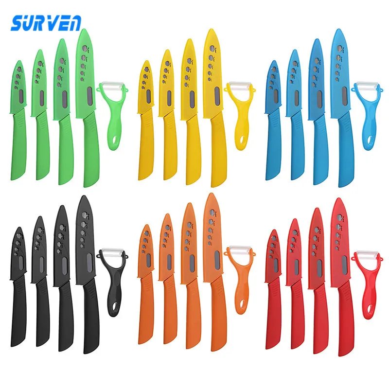 SURVEN Kitchen Ceramic Knife 3 4 5 6 inch Peeler Set Black Blade Paring Fruit Cooking