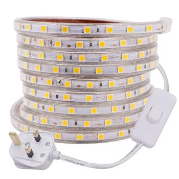 

5050 LED Light Strip 220V IP67 Waterproof 60LEDs/m Flexible Ribbon Tape LED Strip With Switch EU UK Plug