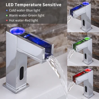 

Automatic Sensor Touchless Faucet 3-Color LED Bathroom Sink Faucet Waterfall Spout Chrome Finished Brass Water Tap