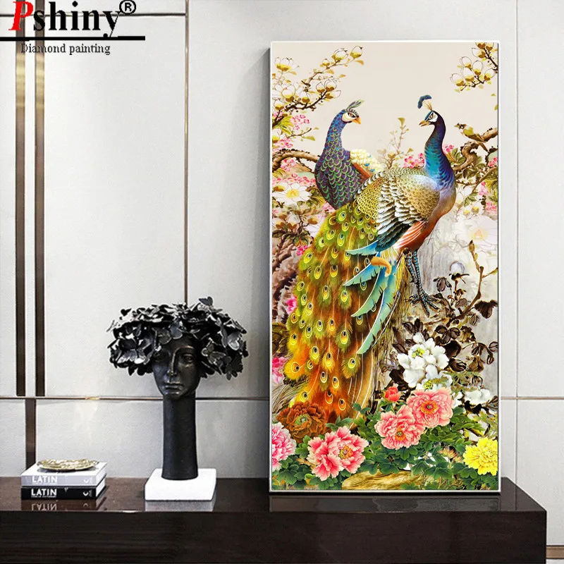 PSHINY DIY 5D Вышивка с бриллиантами продажа две картины изображением павлина из