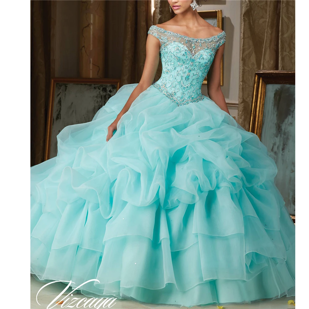 Scoop с плеча органза бисер кристаллы многоярусная со складками спинки vestidos de 15 anos quinceanera