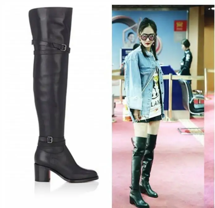 Newly Winter Women Thigh High Boots Over-the-knee Women Buckle Boots Chunky Heel Fashion Women Shoes