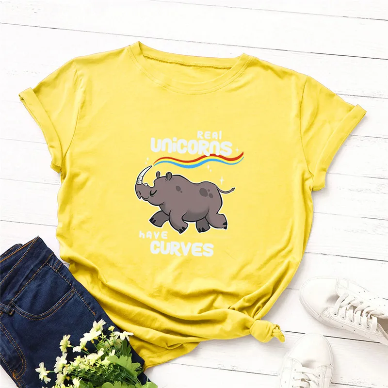 Размера плюс S-5XL мода носорога с радужным принтом Футболка Для женщин хлопок футболки с круглым вырезом короткий рукав Летняя футболка Топы Повседневное футболка - Цвет: A0580-huangse