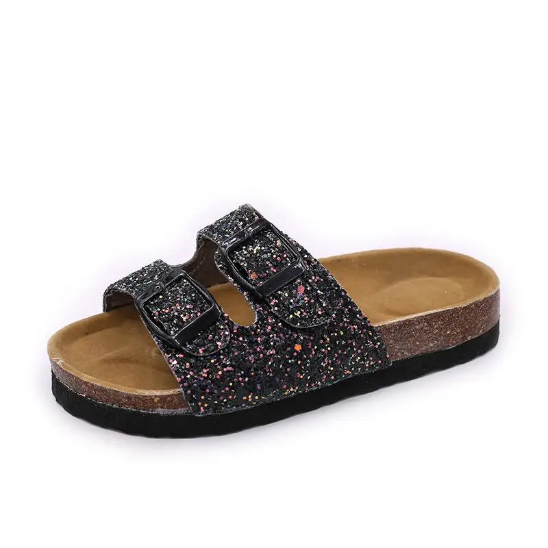Детские блестящие тапочки для девочки Тапочки летние пляжные детские пробковые сандалии с блестками семейная обувь леопардовая обувь на плоской подошве - Цвет: Glitter Black