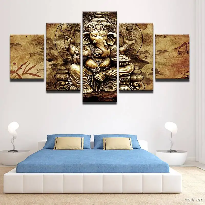 Modern Hd Printed Canvas Posters Home Decor 5 Pieces India Ganesha Paintings Framed Wall Art Elephant Trunk God Pictures | Дом и сад