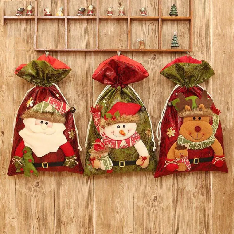 

10pcs/lot Christmas Gift Bags Cloth With Santa Claus Snowman Elk Candy Holders 35*55cm Festival Supplies For Party Ornament