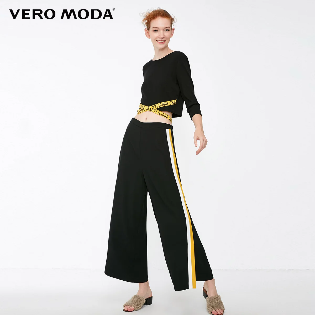 Vero Moda New Arrivals Women's Letter Print Decorative Ribbon Long Sleeves Short Knit | 318430510 - Цвет: Black