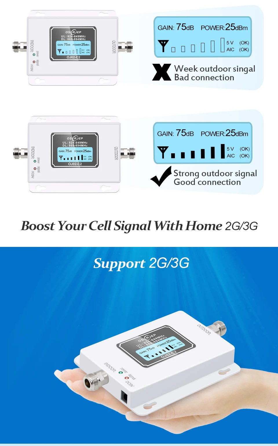 CDMA повторитель 850 MHz 70dB lcd 2G 3g 4G 850mhz UMTS GSM CDMA повторитель сигнала мобильного телефона усилитель+ Внутренняя/наружная антенна