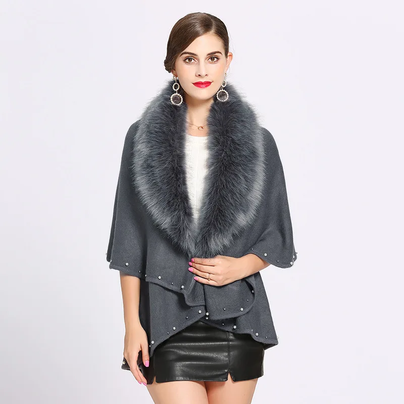 

Women 2020 Spring Shawl European American Style High Street Imitation Fox Fur Collar Pearl Embroidered Double Cloak all Code