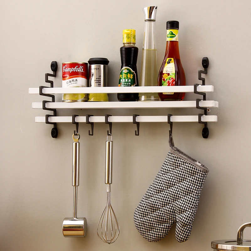 

White kitchen shelves wall hanging condiment rack with hook hanging kitchen rack LU5181