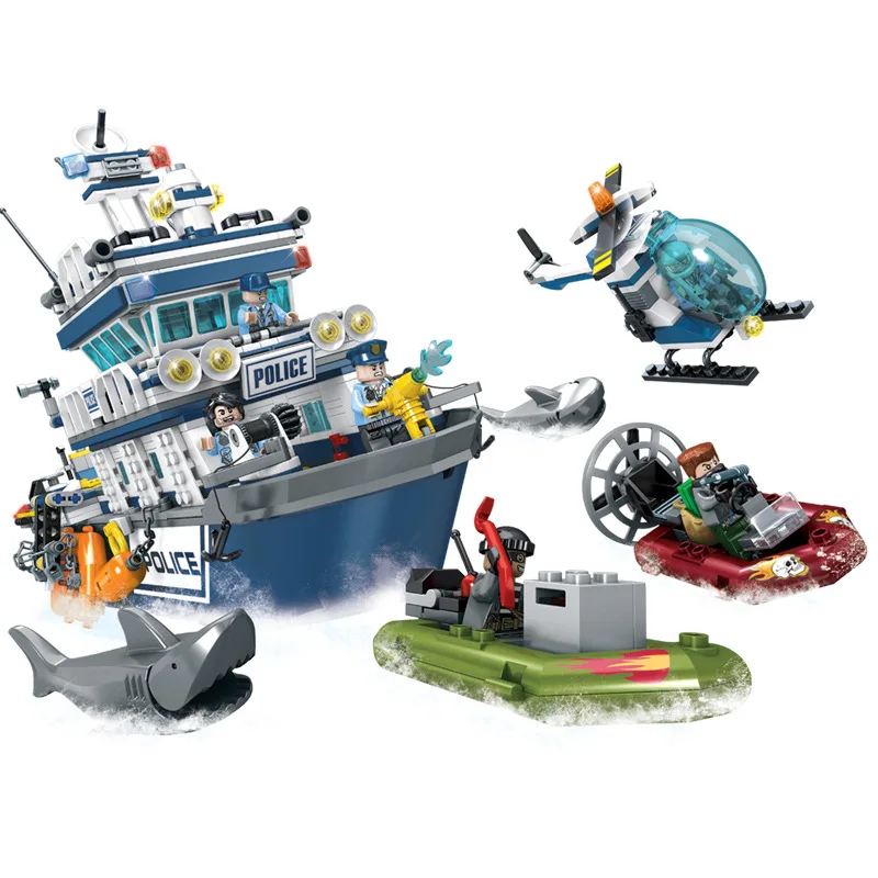 

869Pcs City Series Future Police Patrol Boat Helicopter Building Blocks Sets Compatible Legoings City Military Toys For Children