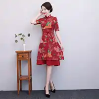 New Red Chinese National Vietnam Aodai Dresses Women Satin Sexy A-Line Cheongsam Vintage Flower Slim Knee-Length Qipao