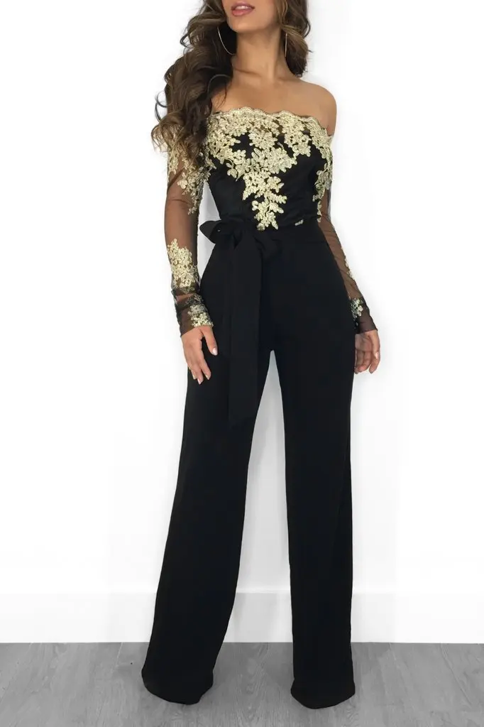 Women's Sexy Embroidery Lace Jumpsuit Black Floral