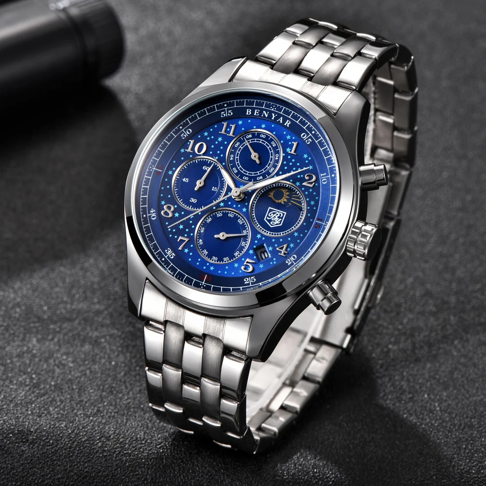 BENYAR Mens Watches Top Luxury Moon Phase Full Steel Quartz Chronograph Watch Sports Military Waterproof Wrist Watch Hour Clock