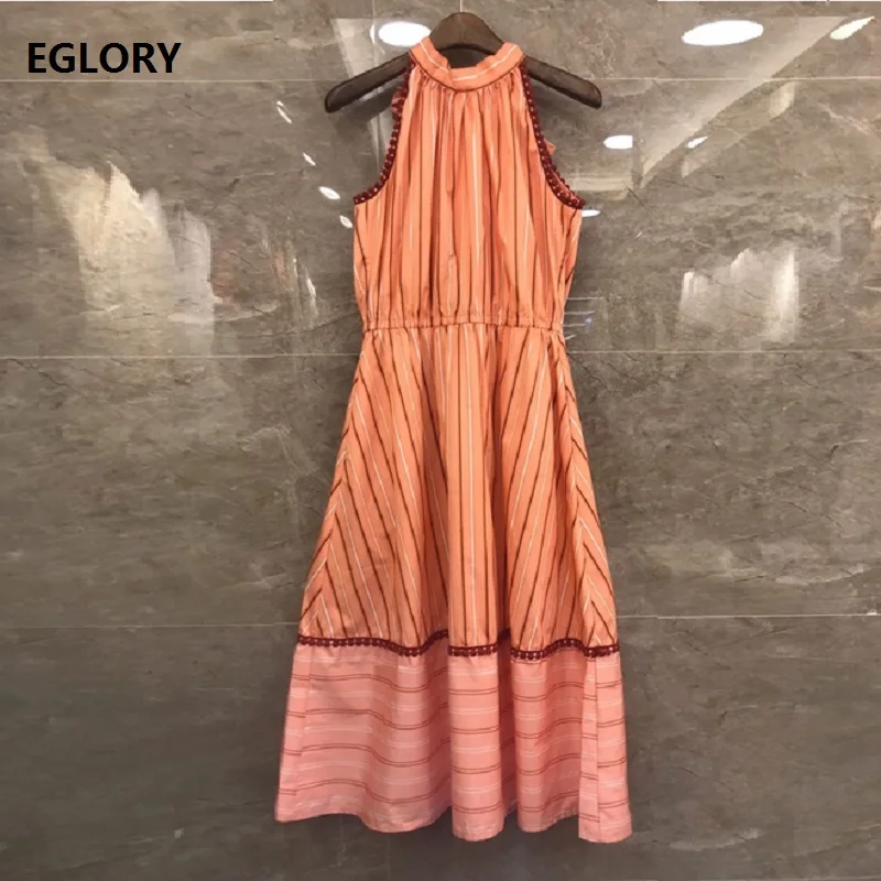 

2019 Summer Sexy Beach Dress High Quality Ladies Back Bow Tie Elegant Striped Print Sleeveless Casual Sexy Club Dress Cotton