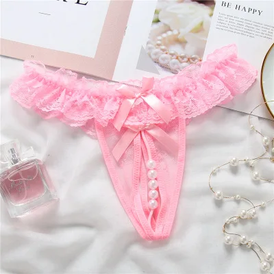 VDOGRIR Sexy Underwear Women's Transparent Lace G-String Thongs Hot Erotic Lingerie Seamless Women Open Crotch With Pearl Tangas - Цвет: Pink