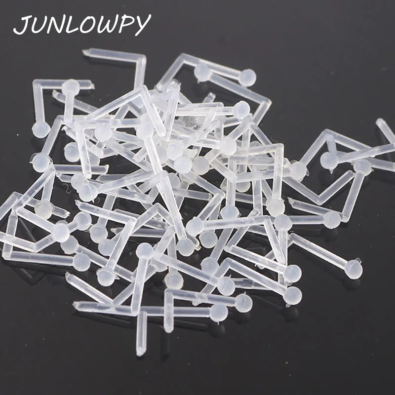 JUNLOWPY LOT 50pcs Nose Retainer Rings Studs hide piercing Bio Flexible Clear Screw On Body Jewelry Nose Stud Pin Piercing