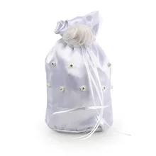 White Bridal Bridesmaid Satin Flower Decorated Dolly Bag Handbag Wedding Flower Girl Basket Rhinestone Decor