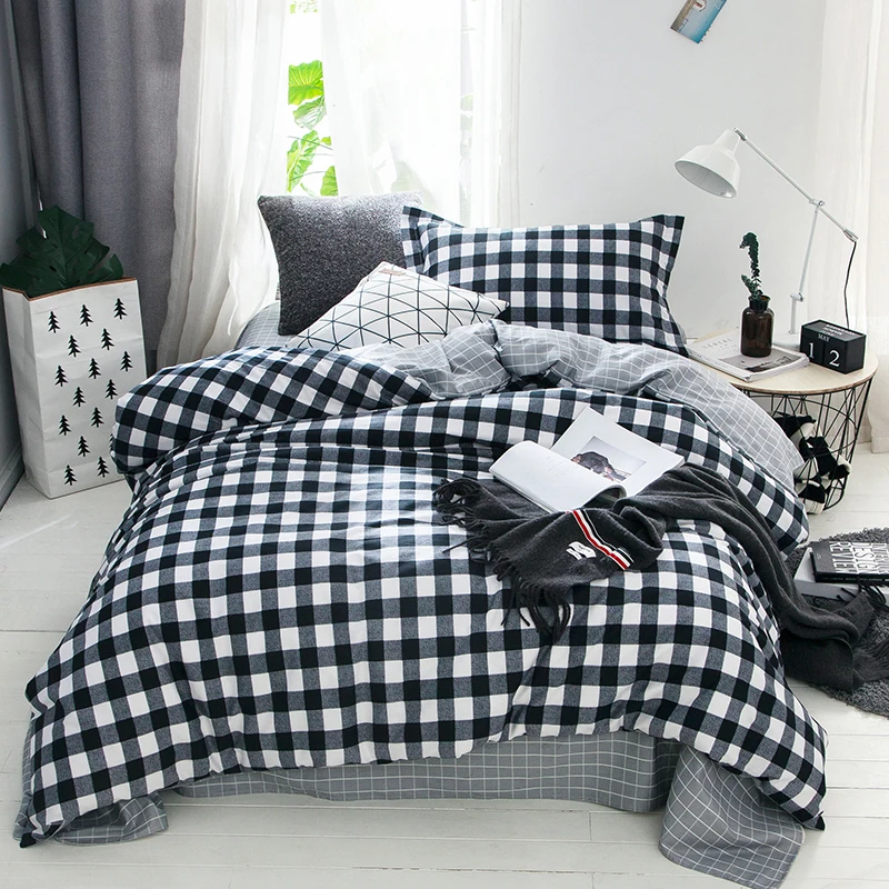 

Little black lattice Cartoon style bedding set cotton fabric 3pcs Twin Size duvet cover flat sheet pillowcase