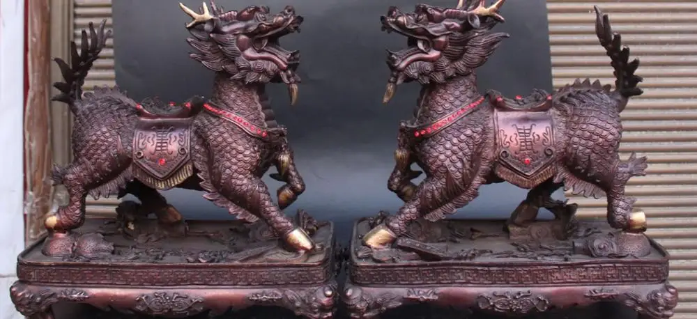

14" Chinese Bronze Fengshui Dragon Kylin Qilin kirin unicorn Beast Statue Pair