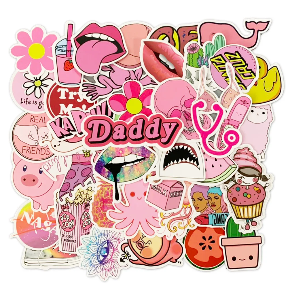 

50Pcs PVC Waterproof Girls Kawaii Pink Fun Sticker Toys Classic Fashion Style Cartoon Luggage Stickers for Motor Car
