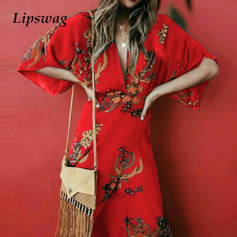 

Lipswag 3XL Vintage Floral Print Boho Dress Women Sexy V-Neck Beach Summer Dress Vestidos Fashion Irregular Split Party Dresses