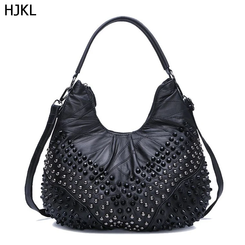 

HJKL Women Genuine Leather Handbags Sheepskin Hobos Large Capacity Shoulder Bags stud Diamonds Vintage Crossbody Totes D95