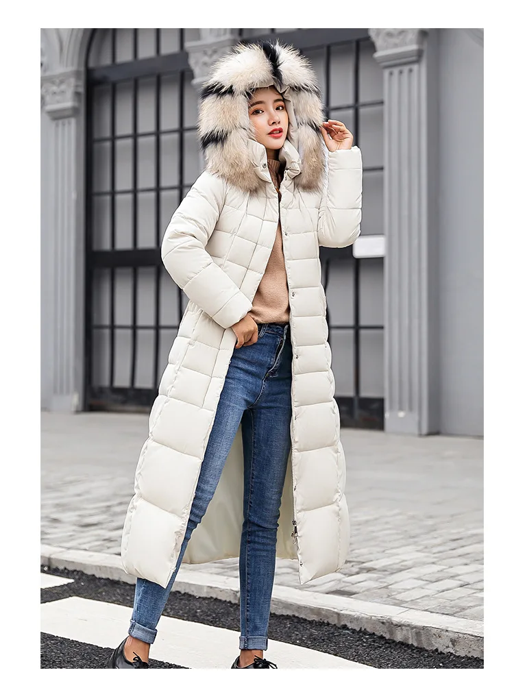 Пуховик женский цветной воротник корейский супер длинные пальто Женская тонкая шапка с рукавами теплое хлопковое пальто женский 902