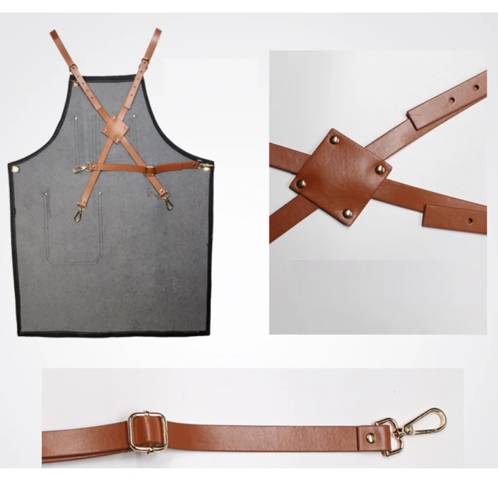 Ladies Men Leather Strap Denim Bib Apron BBQ Florist Baker Bartender Barista Chef Work Uniform