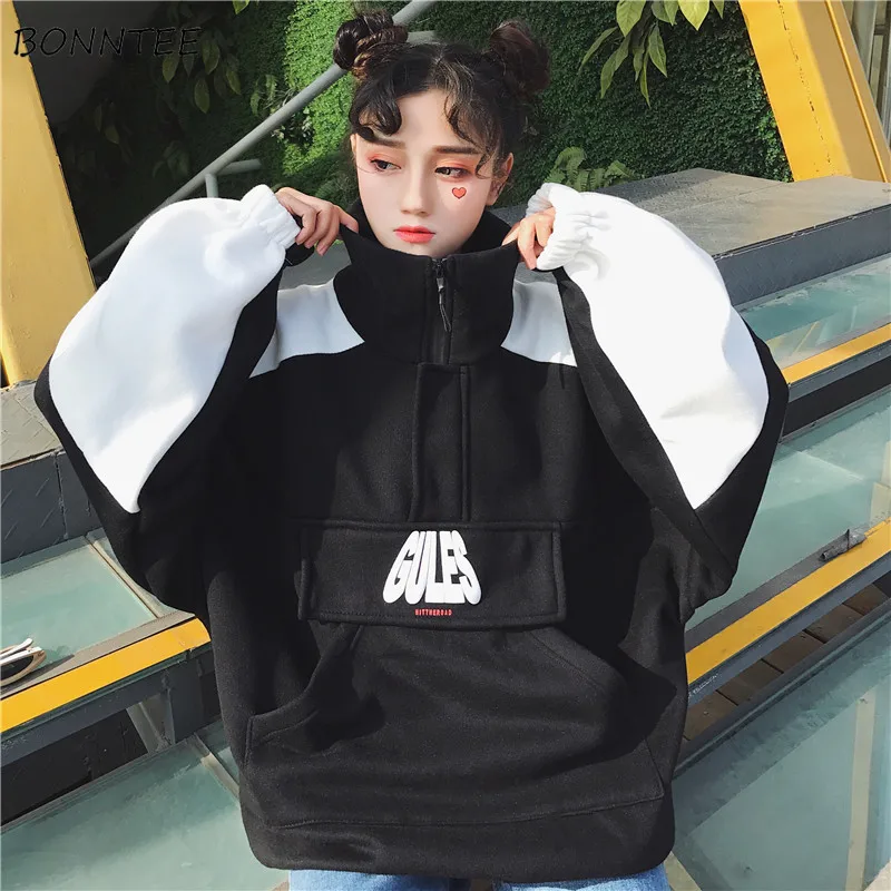

Hoodies Women Winter Turtleneck Zipper Thick Warm Patchwork Chic Loose Elegant Sweatshirt Pocket Student Womens Korean All-match