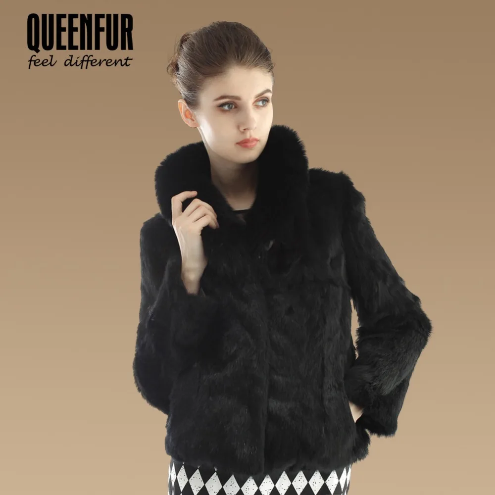 QUEENFUR 2017 New Real Whole Skin Rabbit Fur Jacket With Fox Fur Collar