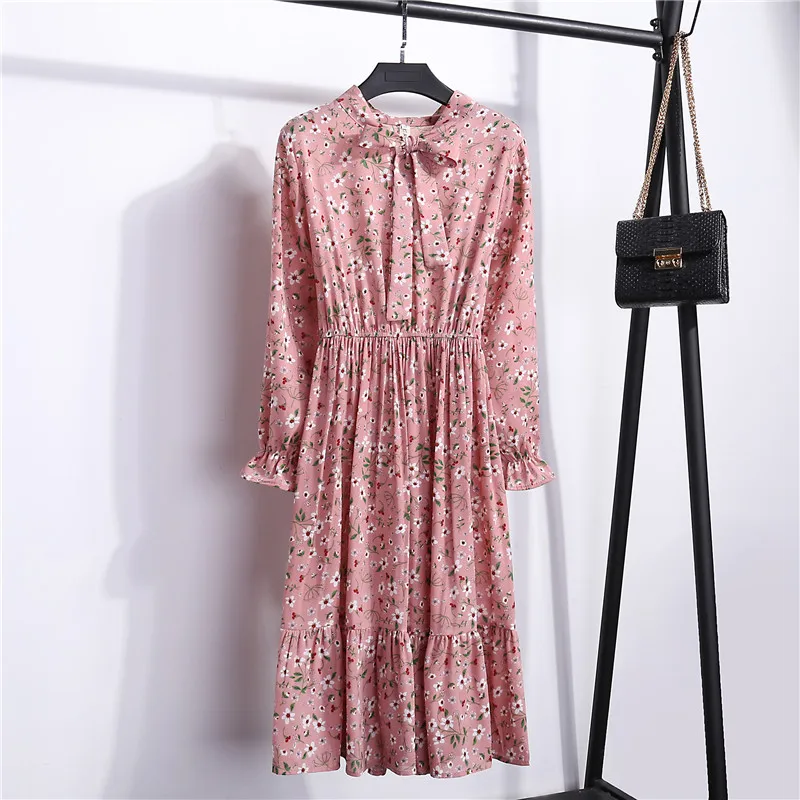 Весна-Осень, женские шифоновые платья со стоячим воротником и бантом, цветочный принт, оборки, Vestido, элегантное милое платье с длинным рукавом, S-XL