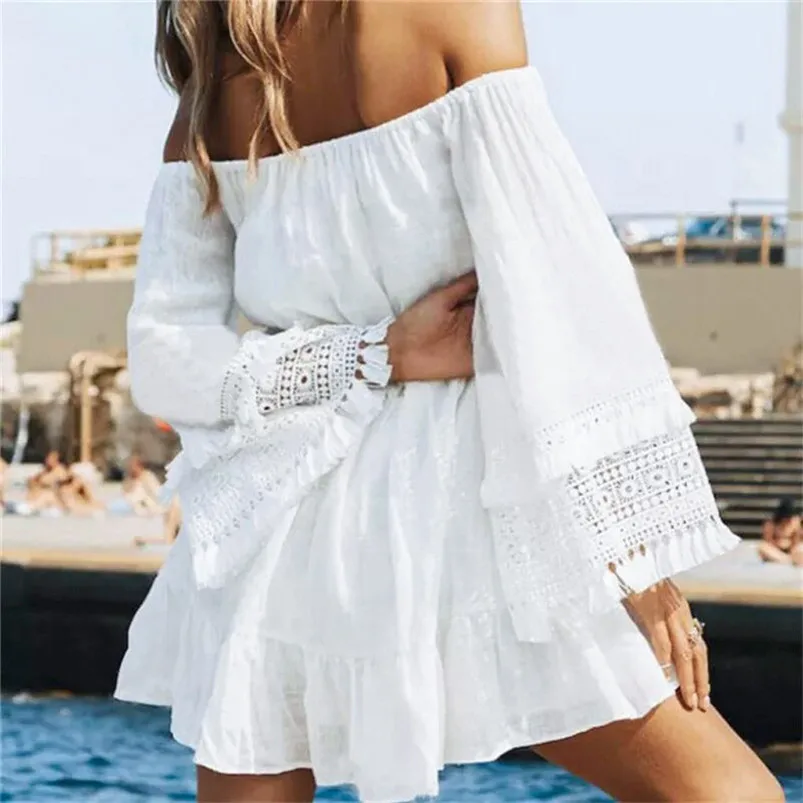 Fashion Womens Sexy Off Shoulder White summer dress Splicing Cotton and linen Lace Party Mini Dress beach dresses vestidos L09 (12)