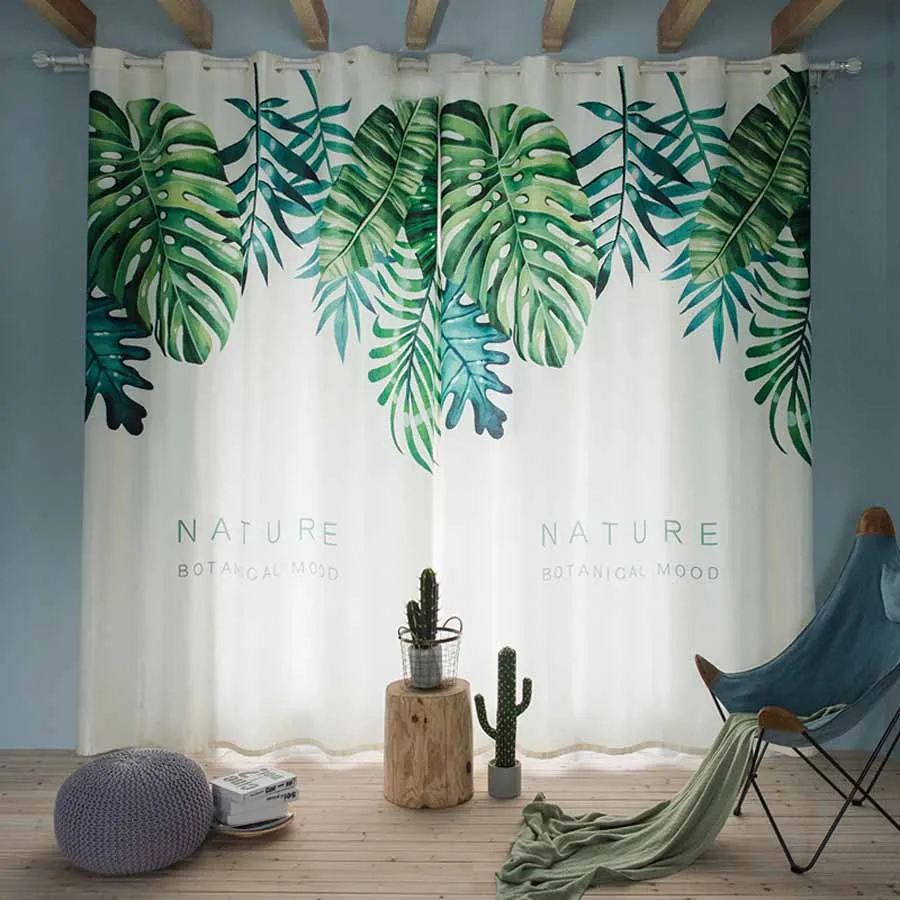 

Balcony Curtains Free Shipping.Customized Size Modern Nordic Green Plant Leaves Digital Printing Curtains for Window.