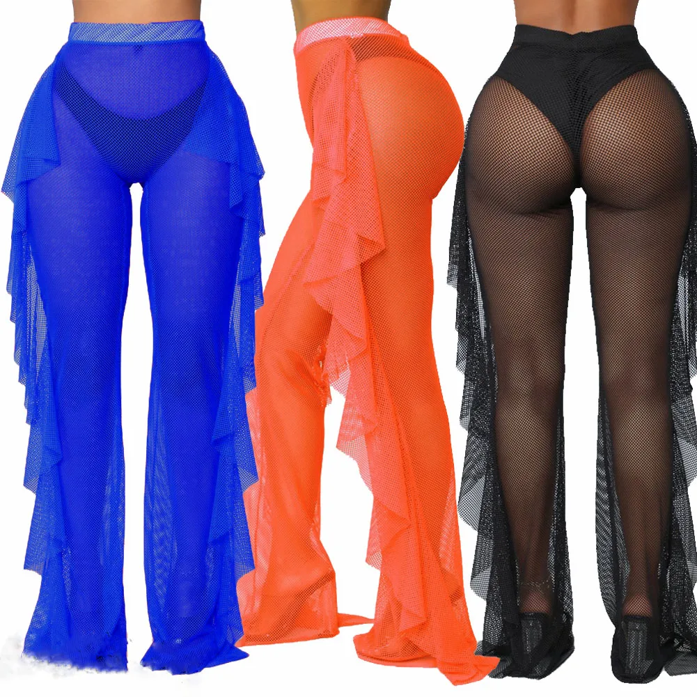 sexy swimsuit cover ups See Through Side Split Tassel Beach Pants Women Swimwear Bikini Cover up Bottoms Sheer Trousers Lace-up High Waist Beach Pants Beach Robe Cover Up