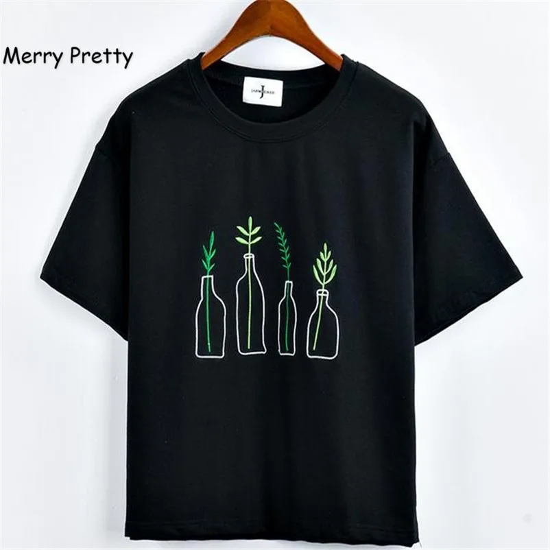 2016 Summer Embroidery Bottle Plants Pattern All Match Short Sleeve T Shirt Female