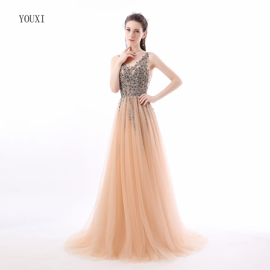 

New V-Neck Sparkly Vestido de Festa Long Evening Dresses 2019 Elegant Sexy See Through High Split Tulle Prom Gowns