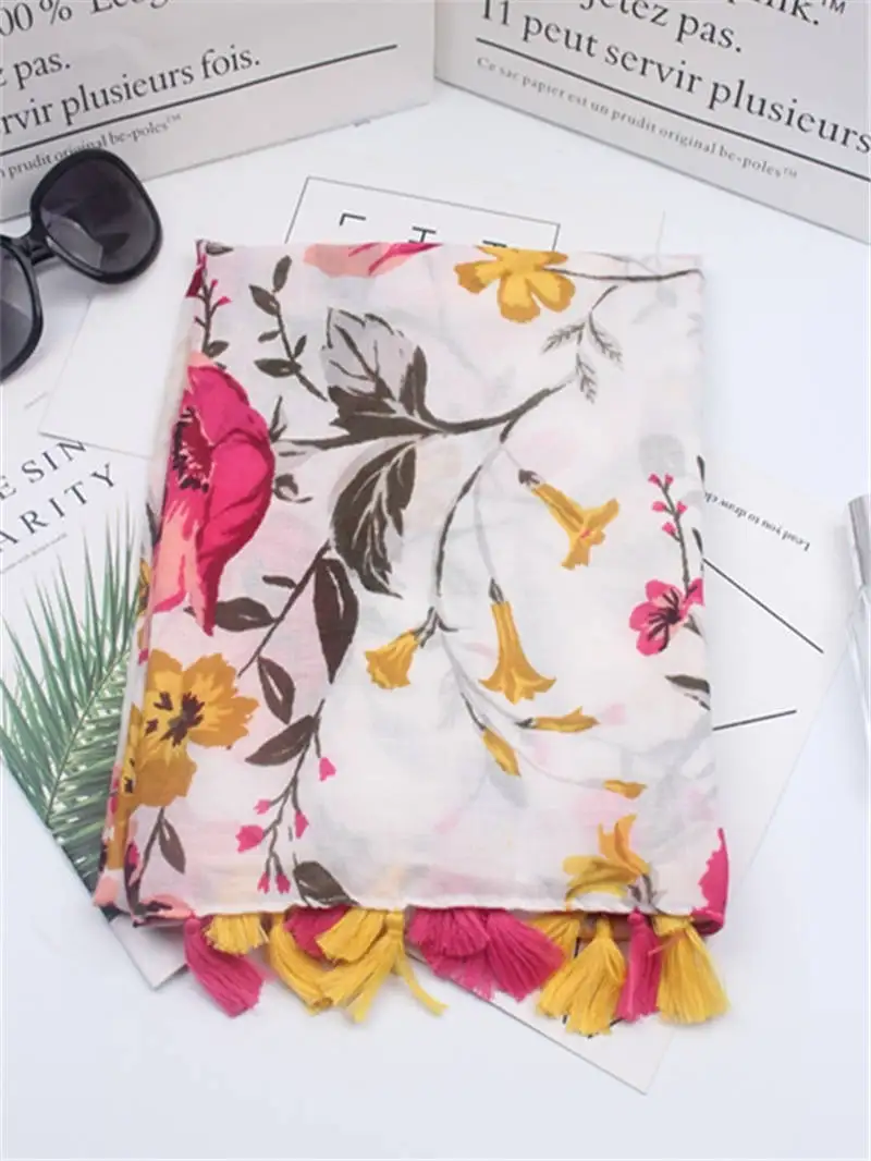 2018 осень Цветочный узор шарф кисточкой шаль модный бренд печати исламский хиджаб шарфы женские шарфы и платки саронг
