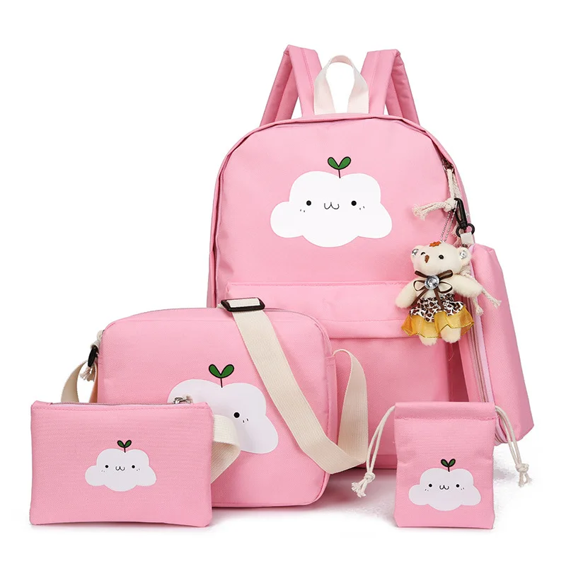 

5 Pieces Set New Women Canvas Backpacks High Quality Cloud Printing Ladies Shoulder School Bags With Bear For Teenagers Girls
